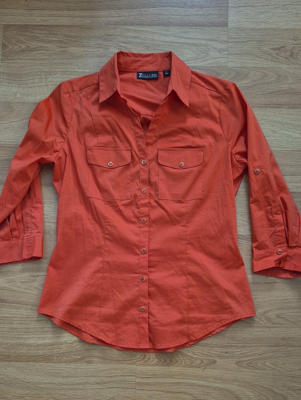 New York & Company Orange Button-Front Shirt with Chest Pockets